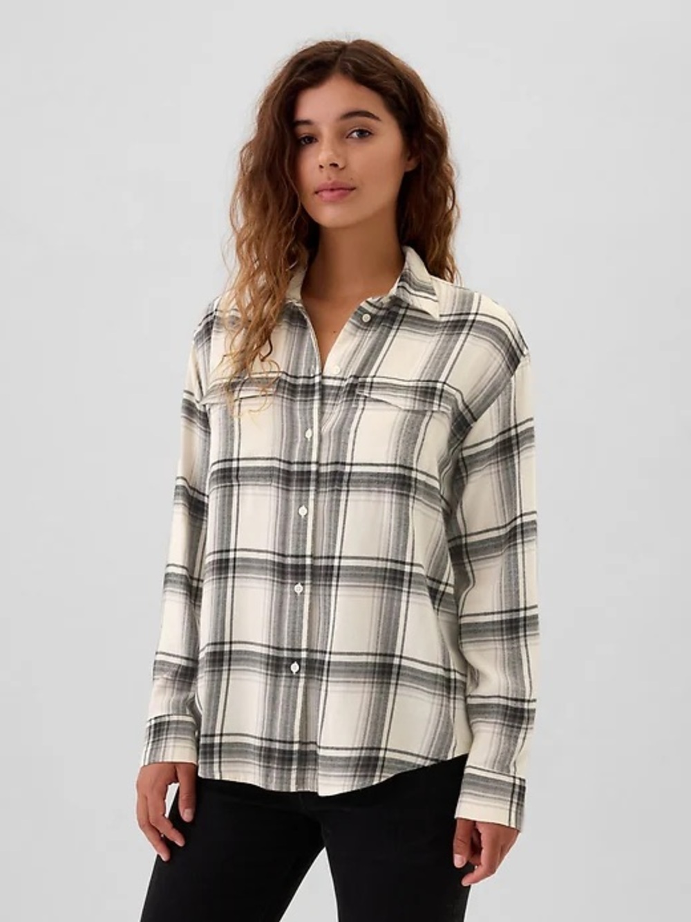 GAP Cream and Black Plaid Button-Down Shirt